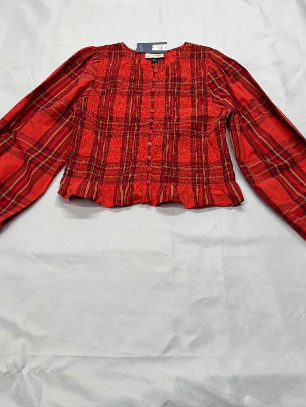 NWT Universal Thread Red Plaid Smocked Button Blouse M Long Sleeve Peasant Crop